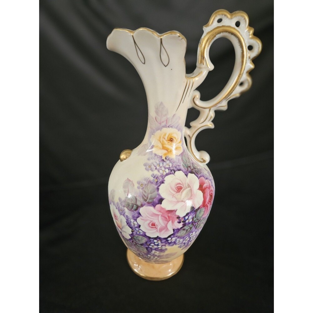 Large Vintage UCAGCO 14" Tall Japan Hand-painted Floral Ceramic Ewer Pitcher